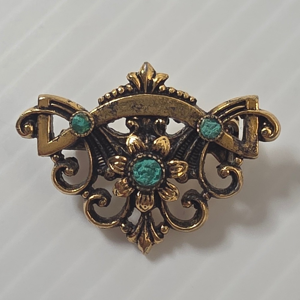Unbranded Filigree Flower Brooch Small Gold Turquoise Fair Vintage Pin